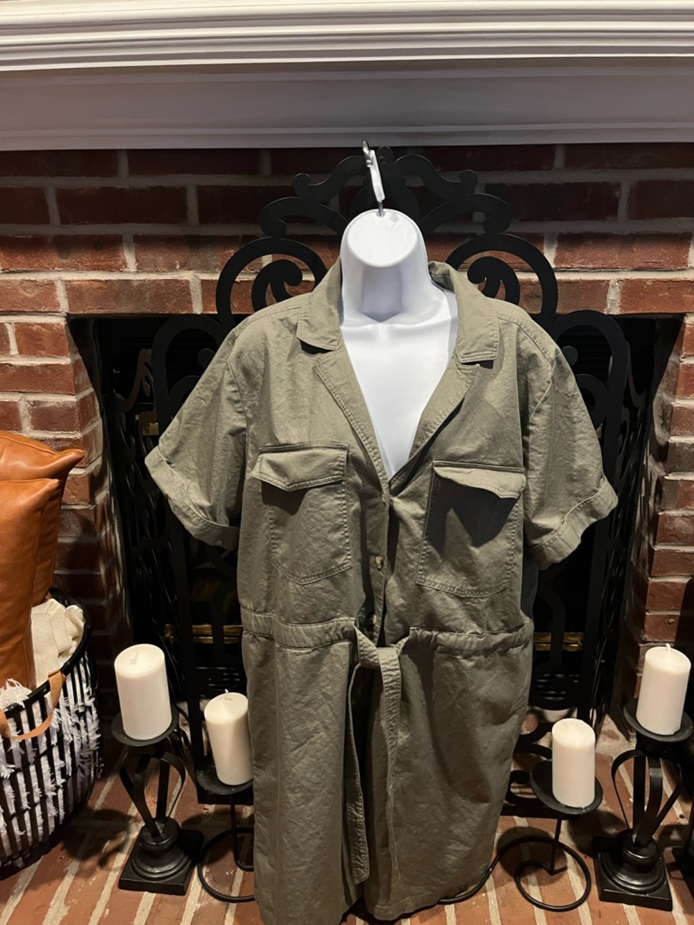 H&M Olive Green Short Sleeve Utility Jean Dress Size: L